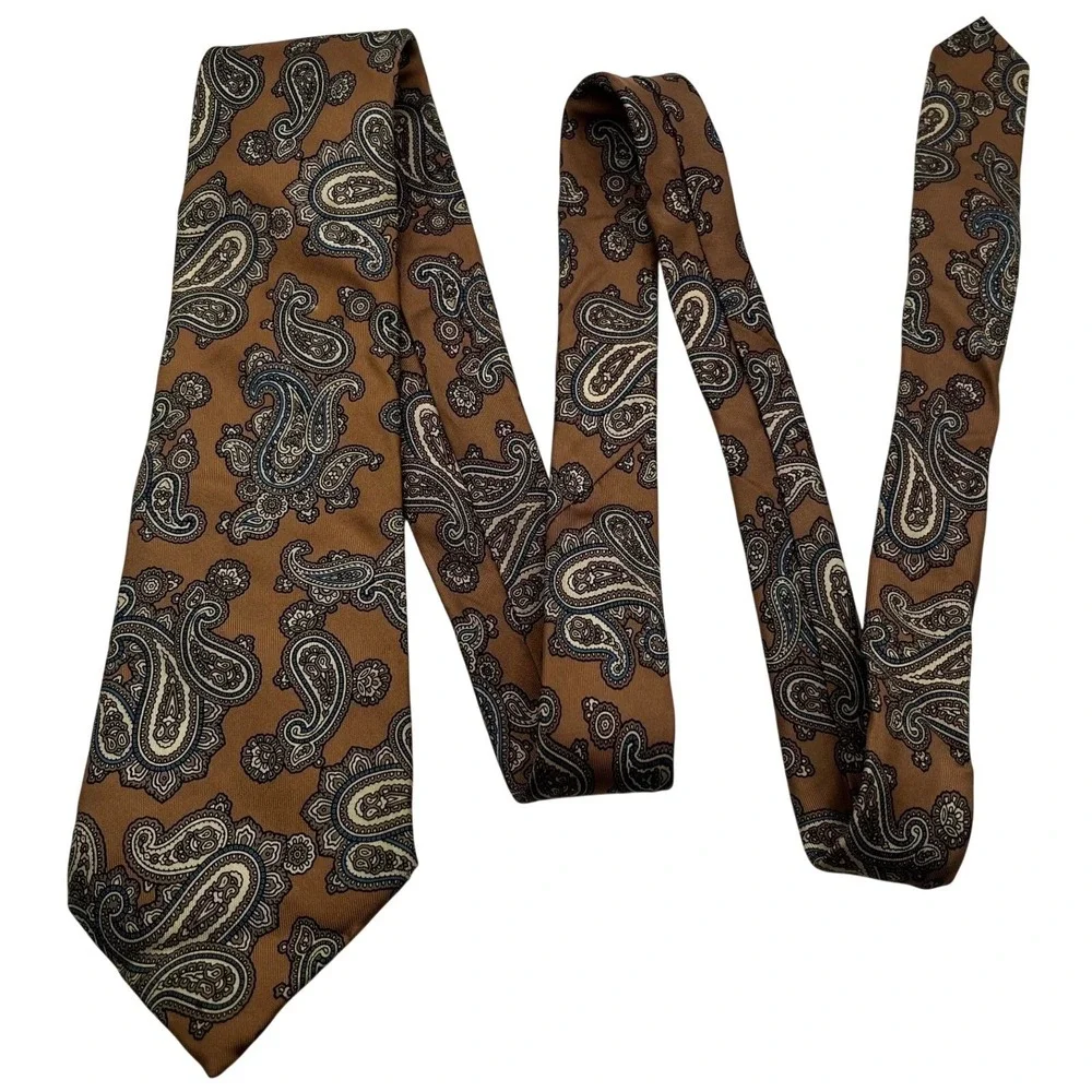 Vintage Hardy Amies 100% Silk Tie Necktie Brown Black‎ Blue Paisley Pattern